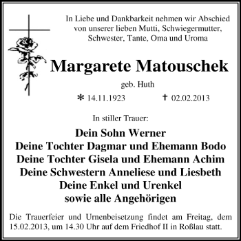 Traueranzeige von Margarete Matouschek von Mitteldeutsche Zeitung Dessau-Roßlau
