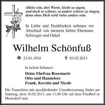 Traueranzeige von Wilhelm Schönfuß von Mitteldeutsche Zeitung Dessau-Roßlau