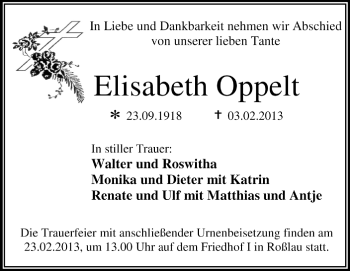 Traueranzeige von Elisabeth Oppelt von Mitteldeutsche Zeitung Dessau-Roßlau