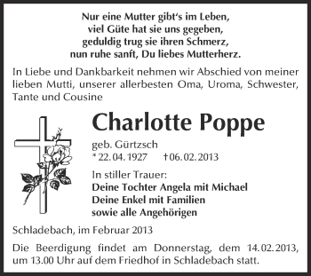 Traueranzeige von Charlotte Poppe von Mitteldeutsche Zeitung Merseburg/Querfurt