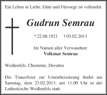 Traueranzeige von Gudrun Semrau von Mitteldeutsche Zeitung Weißenfels