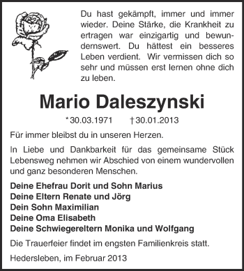 Traueranzeige von Mario Daleszynski von Mitteldeutsche Zeitung Quedlinburg