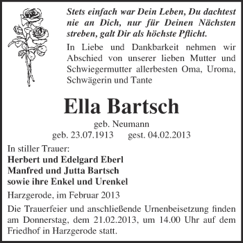 Traueranzeige von Ella Bartsch von Mitteldeutsche Zeitung Quedlinburg