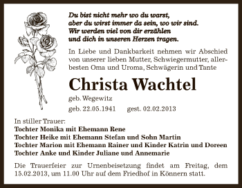 Traueranzeige von Christa Wachtel von Mitteldeutsche Zeitung Bernburg