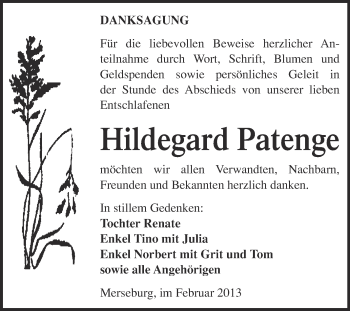 Traueranzeige von Hildegard Patenge von Mitteldeutsche Zeitung Merseburg/Querfurt