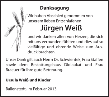 Traueranzeige von Jürgen Weiß von Mitteldeutsche Zeitung Quedlinburg