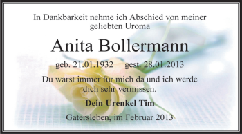 Traueranzeige von Anita Bollermann von Mitteldeutsche Zeitung Aschersleben