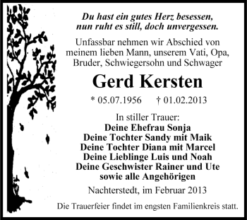 Traueranzeige von Gerd Kersten von Mitteldeutsche Zeitung Aschersleben