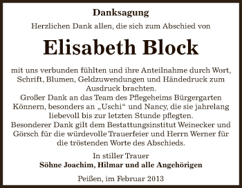 Traueranzeige von Elisabeth Block von Mitteldeutsche Zeitung Bernburg