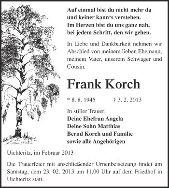 Traueranzeige von Frank Korch von Mitteldeutsche Zeitung Weißenfels
