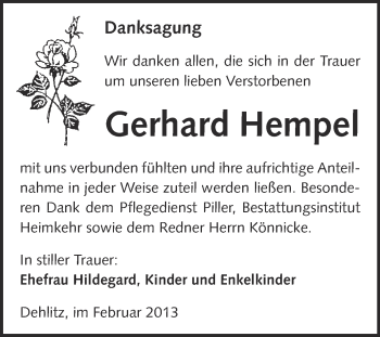 Traueranzeige von Gerhard Hempel von Mitteldeutsche Zeitung Weißenfels