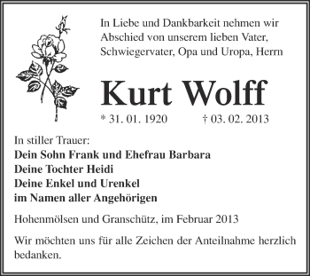 Traueranzeige von Kurt Wolff von Mitteldeutsche Zeitung Weißenfels