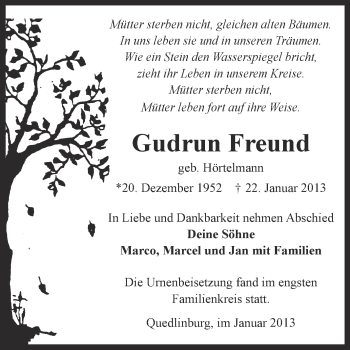 Traueranzeige von Gudrun Freund von Mitteldeutsche Zeitung Quedlinburg