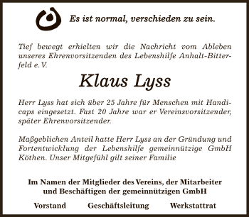 Traueranzeige von Klaus Lyss von Mitteldeutsche Zeitung Köthen