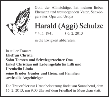 Traueranzeige von Harald Schulze von Mitteldeutsche Zeitung Merseburg/Querfurt