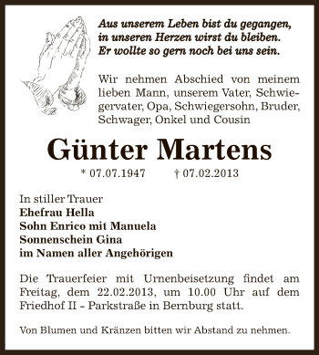 Traueranzeige von Günter Martens von Mitteldeutsche Zeitung Bernburg