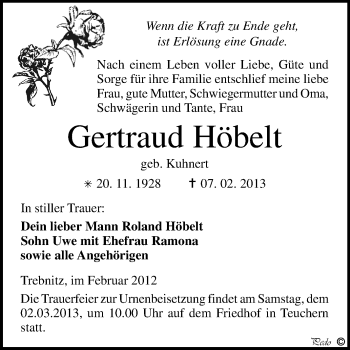 Traueranzeige von Gertraud Höbelt von Mitteldeutsche Zeitung Weißenfels