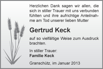 Traueranzeige von Gertrud Keck von Mitteldeutsche Zeitung Weißenfels