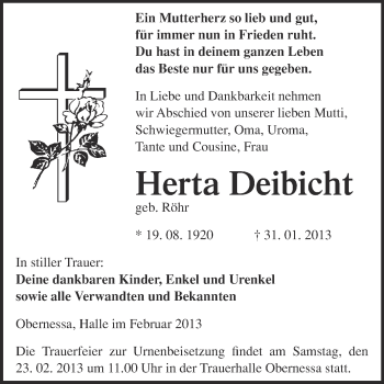 Traueranzeige von Herta Deibicht von Mitteldeutsche Zeitung Weißenfels