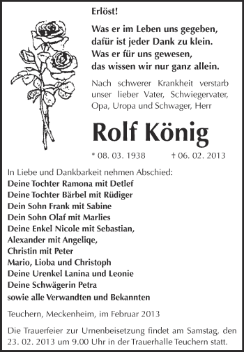 Traueranzeige von Rolf König von Mitteldeutsche Zeitung Weißenfels