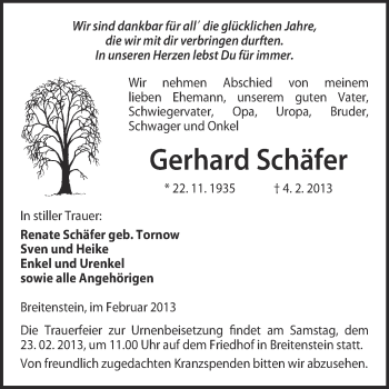 Traueranzeige von Gerhard Schäfer von Mitteldeutsche Zeitung Sangerhausen