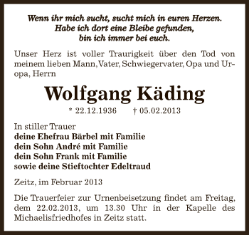 Traueranzeige von Wolfgang Käding von Mitteldeutsche Zeitung Zeitz