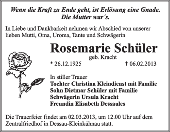 Traueranzeige von Rosemarie Schüler von Super Sonntag Dessau / Köthen