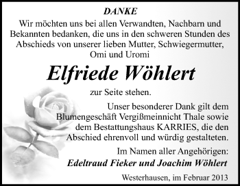 Traueranzeige von Elfriede Wöhlert von Mitteldeutsche Zeitung Quedlinburg