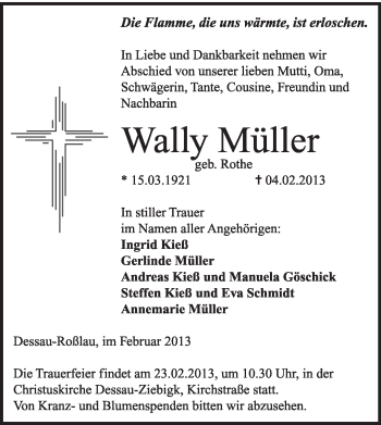 Traueranzeige von Wally Müller von Mitteldeutsche Zeitung Dessau-Roßlau
