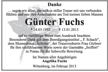 Traueranzeige von Günter Fuchs von Mitteldeutsche Zeitung Wittenberg