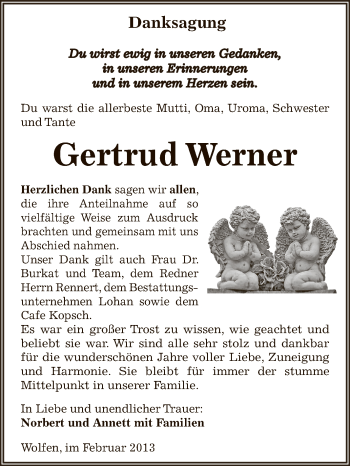 Traueranzeige von Gertrud Werner von Mitteldeutsche Zeitung Bitterfeld