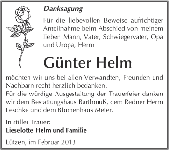 Traueranzeige von Günter Helm von Mitteldeutsche Zeitung Weißenfels