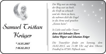 Traueranzeige von Samuel Tristan Krüger von Mitteldeutsche Zeitung Zeitz