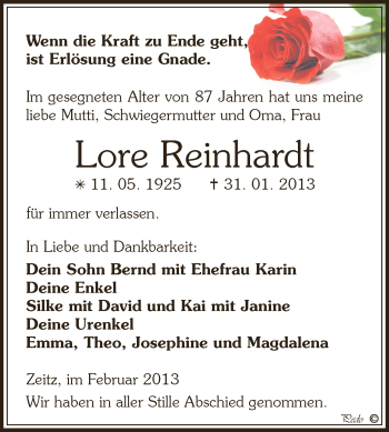 Traueranzeige von Lore Reinhardt von Mitteldeutsche Zeitung Zeitz