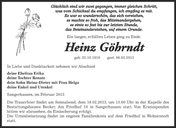 Traueranzeige von Heinz Göhrndt von Mitteldeutsche Zeitung Sangerhausen