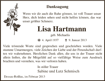 Traueranzeige von Lisa Hartmann von Mitteldeutsche Zeitung Dessau-Roßlau