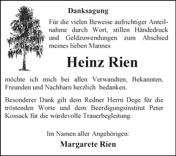 Traueranzeige von Heinz Rien von Mitteldeutsche Zeitung Dessau-Roßlau