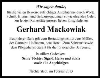 Traueranzeige von Gerhard Mackowiak von Mitteldeutsche Zeitung Aschersleben