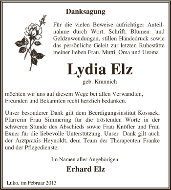 Traueranzeige von Lydia Elz von Mitteldeutsche Zeitung Dessau-Roßlau