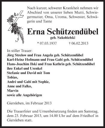 Traueranzeige von Erna Schützendübel von Mitteldeutsche Zeitung Aschersleben