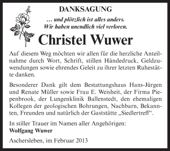 Traueranzeige von Christel Wuwer von Mitteldeutsche Zeitung Aschersleben