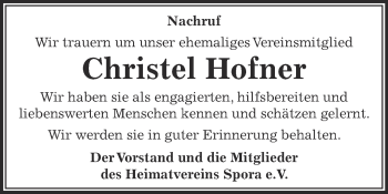 Traueranzeige von Christel Hofner von Mitteldeutsche Zeitung Zeitz