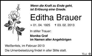 Traueranzeige von Editha Brauer von Mitteldeutsche Zeitung Weißenfels