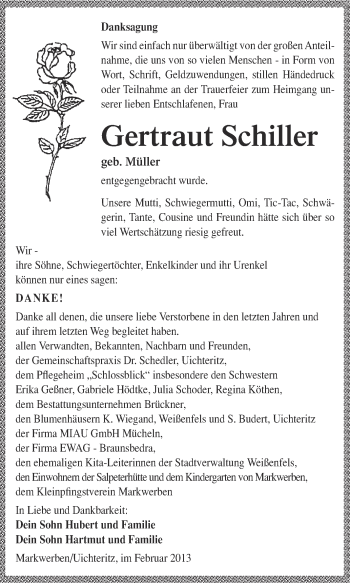 Traueranzeige von Gertraut Schiller von Mitteldeutsche Zeitung Weißenfels