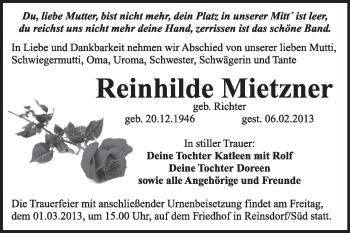 Traueranzeige von Reinhilde Mietzner von Mitteldeutsche Zeitung Jessen