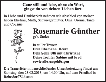 Traueranzeige von Rosemarie Günther von Mitteldeutsche Zeitung Jessen