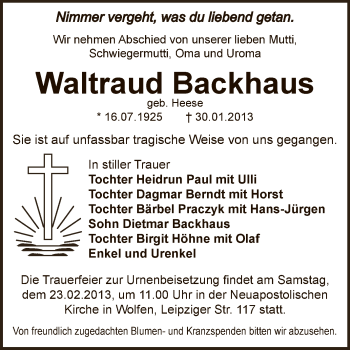 Traueranzeige von Waltraud Backhaus von Mitteldeutsche Zeitung Bitterfeld
