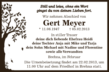 Traueranzeige von Gert Meyer von Mitteldeutsche Zeitung Bitterfeld