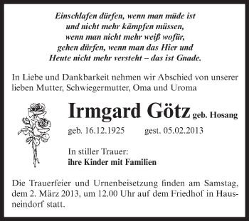 Traueranzeige von Irmgard Götz von Mitteldeutsche Zeitung Aschersleben