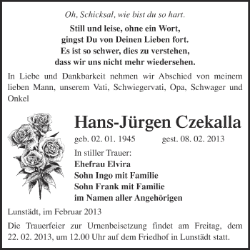 Traueranzeige von Hans-Jürgen Czekalla von Mitteldeutsche Zeitung Merseburg/Querfurt